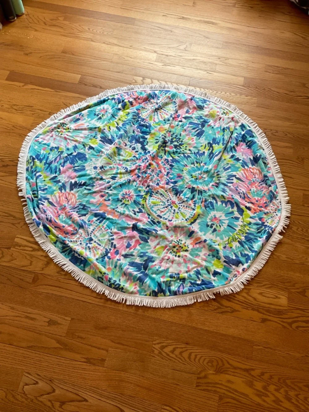 Lilly Pulitzer Pastel Floral Fringe Round Towel - White, Pink, Green, Aqua